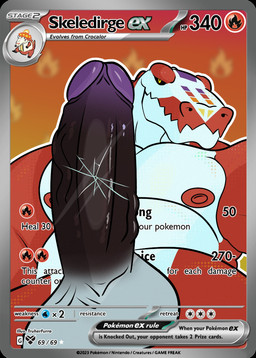 against_surface anthro areola balls belly big_penis black_penis black_sclera blurred_background border countershade_face countershade_torso countershading cracked_glass erection eyebrows facial_markings fire front_view genitals glans gradient_border grey_border head_markings humanoid_genitalia humanoid_penis jagged_mouth looking_at_viewer low-angle_view male male_anthro markings mouth_closed nipples non-mammal_balls non-mammal_nipples on_glass outline overlay_layer penis penis_on_glass presenting presenting_penis pupils purple_glans red_areola red_body red_eyebrows red_nipples slit_pupils snout solo text trading_card vein veiny_penis white_balls white_belly white_body white_countershading white_outline yellow_eyes truher nintendo pokemon pokemon_tcg dante_(truher) crocodilian generation_9_pokemon pokemon_(species) reptile scalie skeledirge 2025 artist_name english_text hi_res portrait three-quarter_portrait