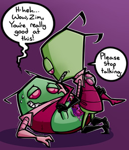 alien_genitalia animal_genitalia bodily_fluids cloaca cloacal cloacal_penetration clothed clothed_sex clothing dialogue duo genital_fluids genitals green_body green_skin grin humanoid_on_humanoid humanoid_penetrated humanoid_penetrating humanoid_penetrating_humanoid irken_teeth kneeling lying male male/male male_penetrated male_penetrating male_penetrating_male not_furry on_back on_model pak penetration penis precum sex smile sweat text young ubernerdmaster invader_zim nickelodeon invader_skoodge zim_(invader_zim) alien alien_humanoid humanoid irken 2017 english_text adult_(lore)