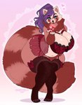 abstract_background anthro belly big_belly big_breasts black_nose blue_eyes breasts brown_body brown_fur clothed clothing eyelashes female fur hair heart_symbol huge_breasts lingerie long_hair looking_at_viewer narrowed_eyes navel overweight overweight_anthro overweight_female purple_hair solo tan_body tan_fur wide_hips tiggybloom vivian_(truhalo) ailurid mammal red_panda hi_res intersex_(lore)