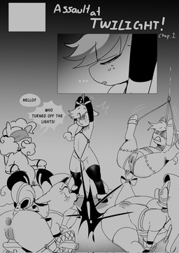 bdsm blindfold clothing female feral genitals greeting group hanging_by_arms horn legwear muzzle_(object) shocked stockings surprised text tied_to_chair wings not_today_satan friendship_is_magic hasbro my_little_pony mythology applejack_(mlp) fluttershy_(mlp) pinkie_pie_(mlp) rainbow_dash_(mlp) rarity_(mlp) equid equine horse mammal mythological_creature mythological_equine pegasus pony unicorn english_text hi_res