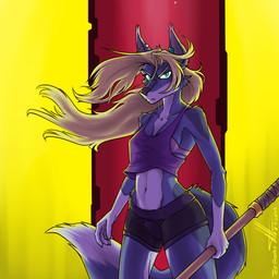anthro backlighting blonde_hair bo_staff clothing ear_piercing female glare hair industrial_piercing light piercing purple_clothing purple_shirt purple_topwear rimlight shirt solo sportswear topwear commandercross charity_cross canid canine canis mammal wolf 1:1 absurd_res hi_res lighting