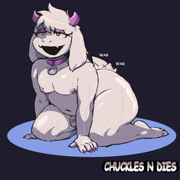 5_fingers anthro balls big_butt big_muscles big_pecs bodily_fluids butt claws collar collar_only fingers fur genital_fluids genitals heart_eyes heart_symbol horn kneeling leaking_precum male moobs muscular navel nipples nude nude_anthro nude_male open_mouth pecs penis pink_claws pink_collar pink_eyelids pink_eyes pink_horn pink_nipples precum small_balls small_horn small_penis small_tail solo tail tail_motion tailwag text thick_thighs wet wet_body white_body white_fur donnitro72 deltarune undertale_(series) ralsei bovid caprine goat mammal 1:1 2025 digital_drawing_(artwork) digital_media_(artwork) english_description hi_res