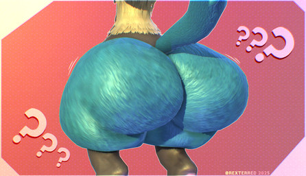 anthro big_butt blue_body blue_tail butt butt_focus huge_butt male motion_lines multicolored_body pawpads pink_pawpads question_mark rear_view red_background simple_background solo tail tan_body text thick_thighs two_tone_body rexterred nintendo pokemon generation_4_pokemon lucario pokemon_(species) 2025 3d_(artwork) artist_name colored digital_media_(artwork) hi_res shaded