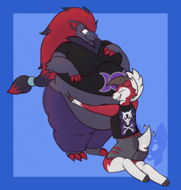 3_claws 3_fingers 3_toes accessory anthro arm_tuft beads belly belly_hug belly_worship big_belly big_breasts biped black_body black_clothing black_fur black_highlights black_mane black_shirt black_t-shirt black_tank_top black_topwear blue_background blue_border blue_eyes bodily_fluids body_worship border bottomwear breasts claws closed_smile clothed clothed_anthro clothed_female clothed_male clothing countershade_fur countershading digitigrade duo elbow_tuft eyes_closed feet female female_anthro finger_claws fingers flustered flying_sweatdrops fur gloves_(marking) grey_body grey_bottomwear grey_claws grey_clothing grey_fur grey_shorts grey_tuft hair hair_accessory hair_beads hand_on_own_breast happy highlights_(coloring) larger_anthro larger_female leg_markings male male_anthro mane markings midriff mouth_closed obese obese_anthro obese_female open_mouth open_smile overweight overweight_anthro overweight_female pants plantigrade purple_bottomwear purple_clothing purple_pants red_body red_claws red_ears red_fingers red_fur red_hair red_inner_ear red_toes shirt shorts simple_background size_difference smaller_anthro smaller_male smile socks_(marking) sweat sweatdrop t-shirt tail tail_motion tailwag tank_top toe_claws toes topwear torn_bottomwear torn_clothing torn_shorts tuft wavy_mouth white_body white_countershading white_hair white_tail strawberrymilkdog nintendo pokemon canid generation_5_pokemon generation_7_pokemon lycanroc mammal midnight_lycanroc pokemon_(species) zoroark 2023 character_request hi_res