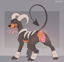 animal_genitalia animal_vulva anus big_vulva bodily_fluids breath canine_genitalia canine_vulva curled_horn curled_tail female female_feral feral fur genitals glistening glistening_genitalia grey_body grey_fur horn long_tail looking_at_viewer orange_body orange_fur panting pink_tongue plump_labia puffy_anus red_eyes solo spade_tail spreading standing sweat tail tail_anus three-quarter_view tongue tongue_out vulva daynetzo nintendo pokemon canid canine generation_2_pokemon houndoom mammal pokemon_(species) hi_res
