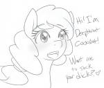 blush dialogue female heart_eyes heart_symbol solo text jonfawkes hasbro my_little_pony deepthroat_cockslut fan_character earth_pony equid equine horse mammal pony 2015 black_and_white english_text line_art monochrome