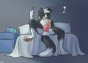 4_toes anthro backsack balls bed black_body black_fur blush bodily_fluids claws clock controller cum cumshot digital_clock ejaculation electronics eyes_closed feet floppy_ears fur furniture genital_fluids genitals knot male masturbation nude on_bed pawpads paws penile penis reclining remote_control sex_toy solo toe_claws toes vibrator vibrator_on_penis ddgio gioseah border_collie canid canine canis collie domestic_dog herding_dog mammal pastoral_dog sheepdog hi_res