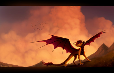 black_bars claws detailed_background feral horn membrane_(anatomy) membranous_wings outside solo standing sunset tail wings skaydie european_mythology mythology dragon mythological_creature mythological_scalie scalie western_dragon 2017 letterbox