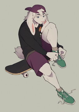 anthro backwards_baseball_cap backwards_hat baseball_cap black_clothing black_shirt black_topwear blue_eyes bottomwear clothed clothed_anthro clothed_male clothing floppy_ears footwear fully_clothed fully_clothed_anthro fully_clothed_male fur hair hat headgear headwear long_ears long_sleeve_shirt male shirt shoes short_tail shorts sitting skateboard skater sneakers solo tail topwear tying_shoes vehicle white_body white_fur white_hair strayserval lagomorph leporid mammal rabbit absurd_res hi_res