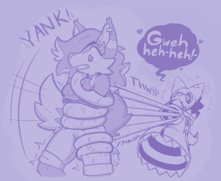 ambiguous_gender anthro breasts candy_bucket clothed clothed_anthro clothed_female clothing duo female heart_symbol holding_object_in_mouth laugh mask motion_lines onomatopoeia restrained restrained_by_tentacles sound_effects speech_bubble spiral spiral_eyes tentacles text jaybat11 hallow_(jaybat11) domestic_cat felid feline felis ghost mammal spirit 2025 digital_drawing_(artwork) digital_media_(artwork) english_description hi_res