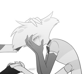 4_arms bodily_fluids choker comforting crying duo hand_holding headpat jewelry male multi_arm multi_limb necklace simple_background solo_focus tears white_background enaic31 hazbin_hotel hellaverse angel_dust husk_(hazbin_hotel) arachnid arthropod demon domestic_cat felid feline felis humanoid mammal spider hi_res monochrome