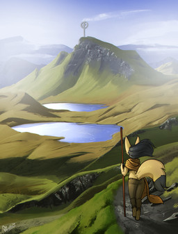 anthro biped black_body black_fur black_hair clothed clothing dipstick_tail female fingerless_(marking) fully_clothed fur grass hair high_place hiking holding_object holding_staff lake landscape markings midriff mountain muscular path plant rear_view robe scenery solo staff tail tail_markings walking wind yellow_body yellow_fur feretta fenavi_montaro canid canine fennec_fox fox mammal true_fox digital_media_(artwork) hi_res shaded herm_(lore)