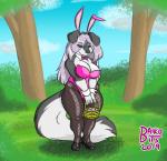 2019 anthro baikobits basket big_breasts bow_(feature) bow_tie breasts bunny_costume canid canine canis cleavage clothed clothing container costume domestic_dog egg female footwear green_eyes hair high_heels legwear looking_at_viewer mammal purple_hair shenjii_(baikobits) shoes smile solo stockings