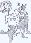 ambiguous_gender anthro areola belly big_belly big_breasts bodily_fluids breasts breath claws duo eyelashes eyes_closed female genital_fluids genitals heart_reaction heart_symbol horn huge_belly internal looking_pleasured navel nipples open_mouth outie_navel partially_inside pussy saliva smoke speech_bubble tail tail_outside tail_outside_pussy thick_thighs tongue tongue_out two_tone_scalie two_tone_tail unbirthing vaginal vaginal_fluids vore hage amphibian amphibian_humanoid animal_humanoid humanoid salamander_humanoid scalie hi_res monochrome pictographics