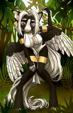 anthro anthrofied bent_over big_breasts black_body black_fur breasts clothing dress ear_piercing eyelashes feathered_wings feathers female forest fur grass grey_eyes hair jungle leaf looking_at_viewer on_ground outside piercing plant short_hair smile smiling_at_viewer solo standing tree white_body white_clothing white_dress white_eyelashes white_fur white_hair wings konejo hasbro my_little_pony mythology fan_character equid equine mammal mythological_creature mythological_equine pegasus 2022 colored digital_drawing_(artwork) digital_media_(artwork) hi_res shaded