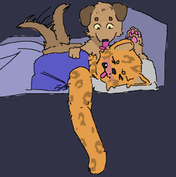 ambiguous_breed anthro bdsm blush cheetah_spots clothed clothing duo eyes_closed floppy_ears flustered holding_partner licking lying male male/male paws petplay puppyplay purple_clothing purple_shirt purple_topwear raised_paw roleplay shirt tail tail_motion tailwag tongue topwear waking_up bearcopper puppyboy doofy_(bearcopper) kek_(bearcopper) canid canine canis cheetah domestic_dog felid feline mammal