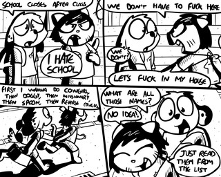 anthro backpack barefoot big_eyes black_body black_ears black_fur black_hair black_nose black_tail bottomwear clothing dialogue duo eyes_closed feet female flat_chested fur hair hand_holding holding_object male multicolored_ears open_mouth running shirt shorts smile speech_bubble tail text tongue toony topwear two_tone_ears two_tone_tail whiskers young young_anthro onihidden target_miss alvo_(target_miss) mira_(target_miss) canid canine canis domestic_cat domestic_dog felid feline felis mammal 5:4 black_and_white comic english_text monochrome