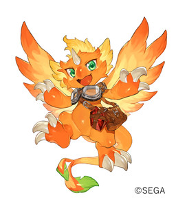 accessory anthro bag claws eyewear furred_wings gem goggles green_eyes head_horn horn male orange_body orange_wings ruby_(gem) smile tail wings wolftapioca maimai mythology sega led_(maimai) dragon mythological_creature mythological_scalie scalie