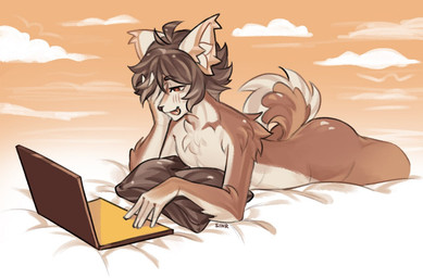 anthro bed brown_body butt cloud fluffy fur furniture gradient_background male nude orange_body orange_fur simple_background sky solo tail sinrainner fan_character