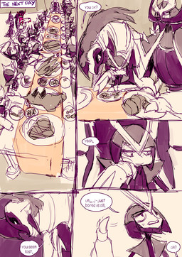 alternative_fashion ambiguous_gender chair dialogue eating feast fingers food furniture group hair long_hair male open_mouth pink_body plate sad simple_background sitting size_difference speech_bubble standing table teeth text thinking grimart mythology nintendo pokemon anax_(grimart) lykaion_(grimart) oracle_(grimart) prometheus_(grimart) bisharp dragon generation_5_pokemon generation_8_pokemon generation_9_pokemon gothitelle haxorus humanoid imp kingambit mammal morgrem mythological_creature mythological_scalie pawniard pokemon_(species) scalie comic digital_media_(artwork) english_text