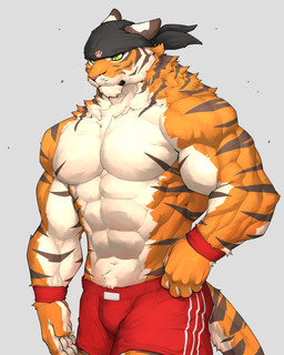 5_fingers abs anthro biceps big_muscles biped black_headkerchief black_kerchief bottomwear brown_stripes claws clothed clothed_anthro clothed_male clothing countershade_arms countershade_face countershade_fur countershade_hands countershade_legs countershade_neck countershade_tail countershade_torso countershading deltoids facial_markings finger_claws fingers front_view fur green_eyes grey_background grey_claws hand_on_hip hand_on_own_hip head_markings headgear headkerchief headwear kerchief looking_aside male markings mouth_closed multicolored_body multicolored_fur muscular muscular_anthro muscular_male obliques orange_body orange_fur pecs pupils red_bottomwear red_clothing red_shorts red_wristband serratus shorts shorts_only simple_background slit_pupils snout solo striped_arms striped_body striped_face striped_fur striped_markings striped_tail striped_torso stripes tail tail_markings tan_body tan_countershading tan_fur topless topless_anthro topless_male two_tone_body two_tone_fur whiskers white_bottomwear white_clothing white_sclera white_shorts wristband captainjohkid felid mammal pantherine tiger 2024 absurd_res digital_drawing_(artwork) digital_media_(artwork) hi_res portrait three-quarter_portrait