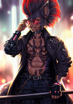 anthro aviator_glasses belt belt_buckle black_body black_fur black_hair bottomwear brown_body brown_fur buckle chest_tattoo clothing coat collar cybernetic_arm cybernetic_chest cybernetic_limb cyberpunk ear_piercing ear_ring eyewear facial_chain_piercing facial_piercing fingerless_gloves forehead_piercing fur glasses gloves grin grinning_at_viewer hair handwear jacket linked_nipples linked_piercing looking_at_viewer male mohawk navel navel_piercing nipples nose_chain nose_piercing nose_ring pants piercing red_hair ring_piercing smile smiling_at_viewer solo studded_collar studs tail tattoo topwear trenchcoat wristband frevilisk jace_stewart mammal rodent sciurid tree_squirrel hi_res