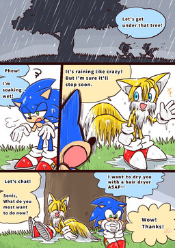 2_tails anthro blue_body blue_eyes blue_fur clothing dialogue duo footwear fur gloves grass green_eyes handwear male multi_tail plant raining shoes tail text tree wet wet_body wet_fur yellow_body yellow_fur yotsumeddd sega sonic_the_hedgehog_(series) miles_prower sonic_the_hedgehog canid canine eulipotyphlan fox hedgehog mammal 2024 comic english_text hi_res one_page_comic
