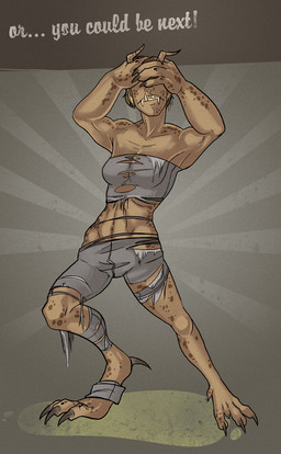 anthro anthrofied biped bottomwear breasts claws clothing fangs female horn pants shirt solo standing teeth text topwear torn_clothing transformation angrboda fallout microsoft deathclaw scalie 2009 english_text
