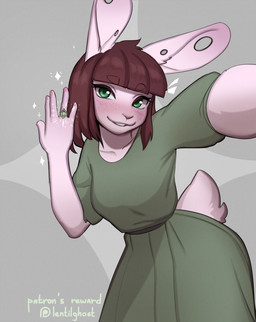 anthro biped blush blush_lines breasts clothed clothed_anthro clothed_female clothing eyelashes female fingers freckled_face freckles front_view fur hair long_eyelashes looking_at_viewer piercing small_waist smile solo standing tail lentilghost lagomorph leporid mammal rabbit 2026 digital_drawing_(artwork) digital_media_(artwork)