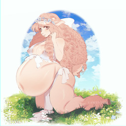 anthro belly belly_overhang big_breasts breasts clothing dark_nipples female field flower grass hooves nature outside plant pregnant pregnant_anthro pregnant_female princess royalty shy sky solo translucent translucent_clothing vawentine bovid caprine mammal sheep 1:1 absurd_res hi_res