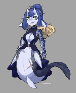 2_horns blonde_hair blue_face blue_hair blue_horn breasts clothed clothing countershading crown ears_down eyelashes female fin fingers front_view grey_background hair hand_on_hip headgear horn multicolored_hair non-mammal_breasts noseless pivoted_ears scar simple_background smile solo split_form tail tail_fin text tiara topwear two_tone_hair yellow_eyes murninatair aquatic fish merfolk 2022 artist_name digital_drawing_(artwork) digital_media_(artwork) full-length_portrait hi_res portrait