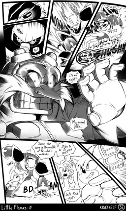 anthro attack big_nose clothing dialogue eyewear facial_hair fight footwear glasses gloves goggles group handwear machine male mustache scared shocked shoes speech_bubble text thought thought_bubble thoughts wearing_glasses krazyelf sega sonic_the_hedgehog_(series) dr._eggman e-123_omega miles_prower sonic_the_hedgehog badnik canid canine e-series eulipotyphlan fox hedgehog human mammal robot 3:5 absurd_res black_and_white comic english_text hi_res monochrome