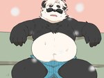 anthro balls barely_visible_balls barely_visible_genitalia belly black_body clothing eyes_closed eyewear genitals glasses humanoid_hands kemono male moobs musk navel nipples overweight overweight_male sitting solo underwear white_body inunoshippo vtuber sasayama_akira bear giant_panda mammal 2024 4:3 hi_res