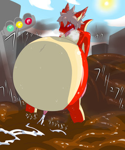 anthro biped blush bodily_fluids cum excessive_feces feces genital_fluids genitals hyper hyper_feces macro male open_mouth overweight overweight_male penis pooping prolapse prolapse_from_shitting purple_eyes scatplay solo sweat text tongue tongue_out dlrowdog lizard reptile scalie 5:6 digital_media_(artwork) hi_res