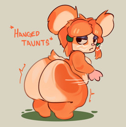 anthro big_breasts big_butt breasts butt butt_slap eyelashes eyeshadow female fur hair half-closed_eyes huge_butt looking_back makeup motion_lines narrowed_eyes nude orange_body orange_fur orange_hair pink_nose short_hair shortstack slap solo spots tail text white_spots hangedc atlyss mammal murid murine rat rodent english_text hi_res