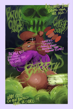 anthro anus bite biting_lip biting_own_lip bone bottomless bottomless_anthro bottomless_female brown_body brown_fur brown_hair butt clothed clothing dialogue fart fart_cloud fart_fetish female fur green_fart_cloud hair hyper hyper_fart self_bite skull solo text crimson_2020 cartoon_network ok_k.o.!_let's_be_heroes carla_(ok_k.o.!_lbh) canid canine canis domestic_dog mammal 2024 comic english_text