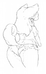 anthro bottomwear butt clothing denim denim_clothing female furgonomics hair kemono long_hair rear_view shorts simple_background solo white_background visark canid canine canis domestic_dog mammal 2015 monochrome