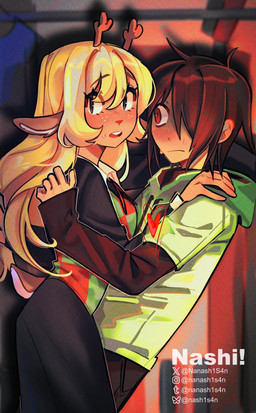 5_fingers anthro antlers blonde_hair blush bodily_fluids bottomwear breasts caught checkered checkered_clothing clothing duo female fingers freckles hair heart_symbol horn long_hair male male/female pattern_clothing red_eyes red_nose scut_tail short_hair short_tail skirt sweat tail nashi deltarune undertale_(series) kris_dreemurr noelle_holiday deer human mammal new_world_deer reindeer soul_(undertale) absurd_res hi_res
