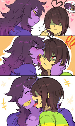 5_fingers ahoge ambiguous_gender ambiguous_human anthro blush blush_lines blush_stickers bodily_fluids brown_clothing brown_hair clothing duo exclamation_point eyes_closed female fingers freckled_face freckles green_clothing hair heart_ahoge heart_symbol highlights_(coloring) jacket licking messy_hair mouth_closed open_mouth purple_body purple_clothing purple_highlights red_eyes saliva shadow_face shirt simple_background smile tan_body tan_skin teeth thin_eyebrows tongue topwear white_clothing yellow_clothing yellow_eyes yellow_teeth suurin_2 deltarune undertale_(series) kris_dreemurr susie_(deltarune) human mammal reptile scalie 2025 3:5 absurd_res comic digital_drawing_(artwork) digital_media_(artwork) hi_res