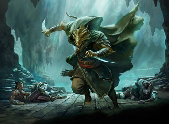 ambiguous_gender anthro anthro_focus beard bow_(weapon) cape cave clothing dagger facial_hair group holding_dagger holding_melee_weapon holding_object holding_weapon horn male melee_weapon open_mouth quiver_(object) ranged_weapon running weapon wounded borja_pindado dungeons_and_dragons hasbro magic:_the_gathering wizards_of_the_coast dragonborn_(dnd) human humanoid mammal scalie tiefling official_art