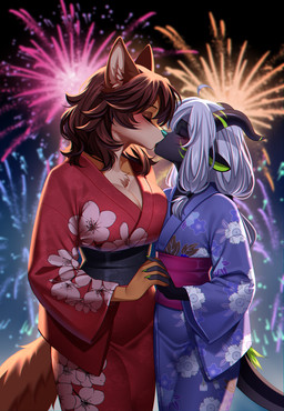 anthro asian_clothing blush blush_lines breasts clothing duo east_asian_clothing eyes_closed female femboy festival fireworks flower fur hand_holding horn japanese_clothing kimono kiss_on_lips kissing larger_female love male male/female night plant romantic romantic_couple size_difference smaller_male tail agrixxx mythology canid canine dragon mammal mythological_creature mythological_scalie scalie hi_res