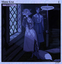 anthro barefoot black_facial_markings black_markings clasped_hands clothing dialogue dipstick_tail duo ears_flat facial_markings feet female fluffy fluffy_tail glass glass_window gown head_markings inside light looking_outside male markings moonlight narrowed_eyes night nightgown no_shoes paintbrush_tail sash shadow shoeless stairs standing tail tail_markings text wall_(structure) white_tail_tip window wood wood_wall yellow_eyes sir_paulus lisabeth_(lord_paulus) pavel_(sir_paulus) canid canine canis fox human mammal comic english_text hi_res