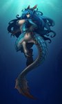 anthro big_breasts blue_body blue_hair blue_scales breasts claws feet female fingers hair horn long_hair red_sclera scales simple_background solo tail tan_body tan_scales toes underwater water yellow_eyes muhut capcom monster_hunter animal_humanoid humanoid lagiacrus leviathan_(mh) scalie 3:5 absurd_res hi_res