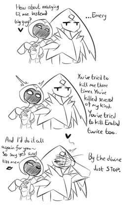 2_horns 5_fingers black_eyes black_text clothing dialogue duo ellipsis empty_eyes facepalm female fingers forehead_gem gem heart_symbol horn looking_at_another male one_eye_closed question_mark simple_background speech_bubble talking_to_another text white_background white_eyes latiar hollow_knight_(franchise) team_cherry emery_(latiar) harrold_(latiar) arthropod english_text monochrome