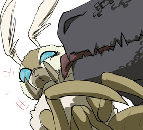 ambiguous/ambiguous ambiguous_gender antennae_(anatomy) black_body blue_eyes duo face_lick licking simple_background size_difference tongue tongue_out white_background coneshait godzilla_(series) monsterverse mothra_(series) toho godzilla mothra arthropod insect kaiju lepidopteran moth