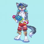 blue_eyes bottomwear clothing eyewear goggles gun male ranged_weapon shorts solo spots toy toy_gun water_gun weapon tim_weeks savestate kade_(savestate) australian_shepherd blue_merle canid canine canis domestic_dog herding_dog mammal pastoral_dog sheepdog 1:1