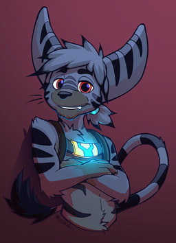 anthro arm_tuft black_body black_ears black_eyebrows black_fur black_nose black_stripes black_tail black_tail_tuft chin_tuft elbow_tuft eyebrows facial_tuft fur glistening glistening_eyes glistening_nose grey_body grey_ears grey_fur grey_tail grin looking_at_viewer looking_forward male markings multicolored_body multicolored_fur red_eyes shoulder_tuft simple_background smile solo striped_arms striped_ears striped_markings striped_tail stripes tail tail_markings tail_tuft teeth tuft two_tone_body two_tone_fur yookie ratchet_and_clank sony_corporation sony_interactive_entertainment lombax mammal 2019 dated half-length_portrait hi_res portrait signature