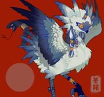 blue_body blue_feathers cjk_character fangs feathers feet forked_tongue red_background simple_background solo spread_wings standing talons teeth toes tongue white_body white_feathers wings yellow_eyes bulbul_bei avian hybrid reptile scalie snake 2024