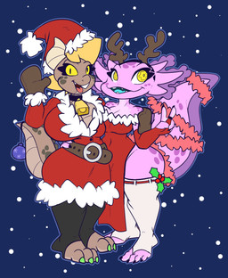 3_toes 4_toes anthro antler_headband bell_choker black_clothing black_legwear black_stockings black_toe_claws breasts brown_body buckteeth christmas_clothing christmas_headwear cleavage clothed clothing duo feet female female/female fingerless_gloves gills gloves green_toe_claws handwear hat headgear headwear holidays horn legwear mistletoe mittens pink_body plant santa_hat stockings tail teeth thick_tail toeless_legwear toes white_clothing white_legwear white_stockings yellow_eyes yellow_sclera haiku_oezu christmas mythology axyla_kos_centauri dyaxia_kos_nu_draconis alien amphibian axolotl dragon marine mole_salamander mythological_creature mythological_scalie nebulian salamander scalie hi_res