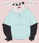 anthro black_body black_fur black_nose clothing dialogue eyes_closed fur kemono male overweight overweight_anthro overweight_male shirt simple_background solo text topwear white_body white_fur dumdum bear giant_panda mammal 2021 english_text hi_res